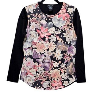 Floral Long Sleeve Top Wear & Flair M Black & Pink Polyester Cotton Blend